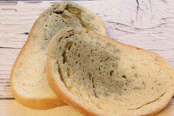 Schimmel wächst schnell auf schimmeligem Brot auf Holzboden. Mehltau auf einer Scheibe Brot. Altes Brot, mit Mehltau bedeckt. — Stockfoto