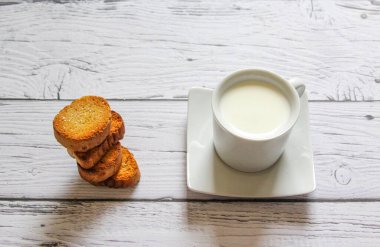 Tahta arka planda bir fincan süt ve ekmek kırıntısı. Sağlıklı kahvaltı..