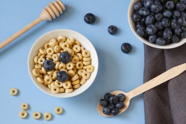 Mavi arka plandaki beyaz kasede yaban mersini ve bal halkaları. Uzayı kopyala Üst Manzara. Düz yatıyordu. Yatay yönelim.