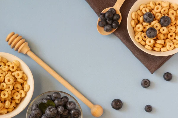 Mavi arka plandaki beyaz kasede yaban mersini ve bal halkaları. Uzayı kopyala Üst Manzara. Düz yatıyordu. Yatay yönelim.