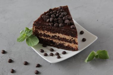 Çikolata damlaları ve nane yapraklarıyla beyaz bir tabakta bir parça çikolatalı kek.