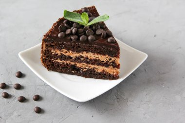 Çikolata damlaları ve nane yapraklarıyla beyaz bir tabakta bir parça çikolatalı kek.