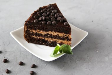 Çikolata damlaları ve nane yapraklarıyla beyaz bir tabakta bir parça çikolatalı kek.