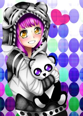 Daha tatlı bir pandayla bir kızın portresi, anime tarzı..