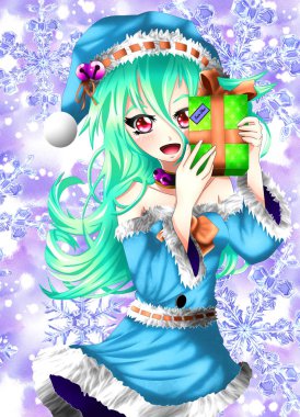 Kawaii anime kız ve Noel Baba kostümü..