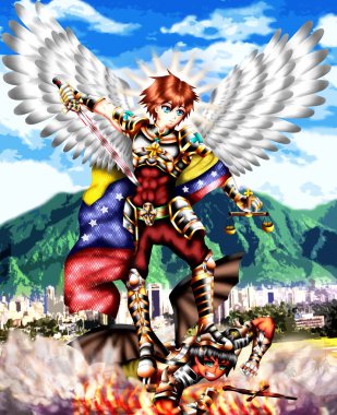 San Miguel Arcangenl, o patron göksel askerlerinin, Caracas, Vnezuela, anime tarzı kötülüğe karşı savaşıyor.