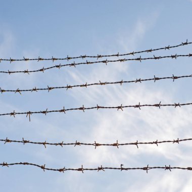 Gökyüzü dikenli tel çit arkasında. Hapishane duvarı