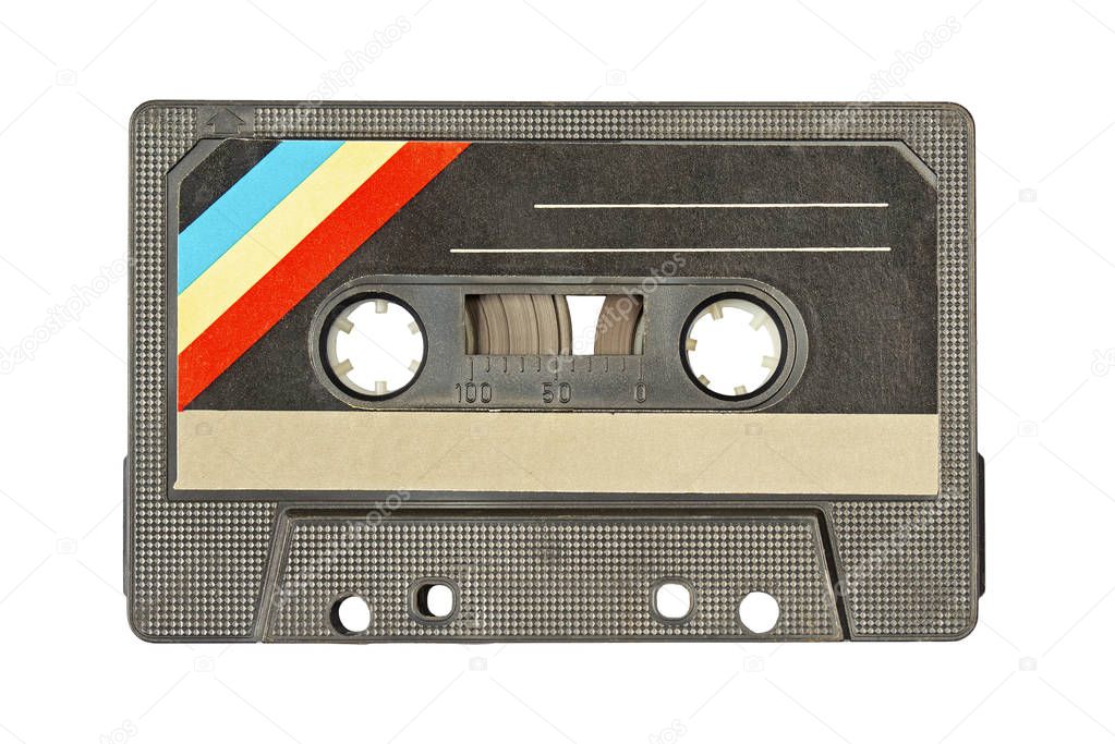 Retro black with colorful stripes in the left corner audio tape on white background