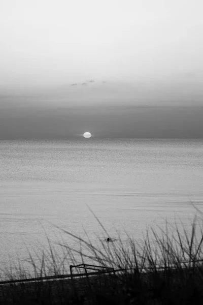 Hermosa puesta de sol en el mar. Fotografía en blanco y negro — Foto de Stock