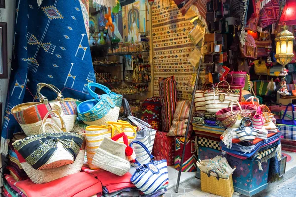 Vista Hermosas Coloridas Bolsas Alfombras Medina Túnez Túnez Fotos de stock