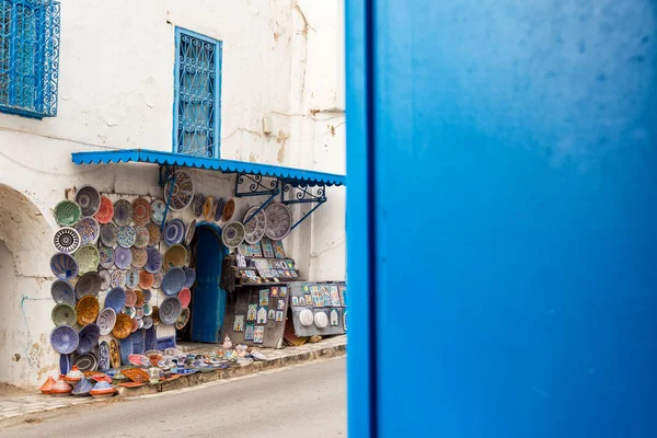 Pamiątki Sprzedaż Zabytkowym Niebieski Biały Miasta Sidi Bou Said Tunezja — Zdjęcie stockowe