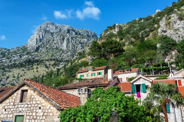 Kotor Montenegro Med Berg Reser Sig Över Bakgrunden — Stockfoto