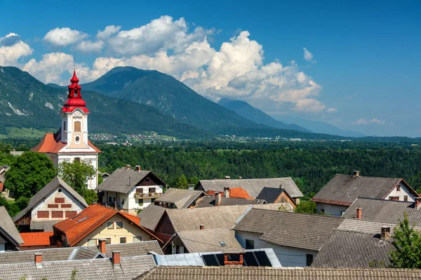 Chiesa San Janez Paesaggio Delle Alpi Giulie Vicino Bled Slovenia — Foto Stock