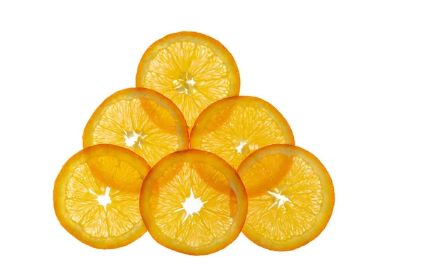 Transparencia Superpuestas Seis Rebanadas Naranja Sobre Fondo Blanco — Foto de Stock