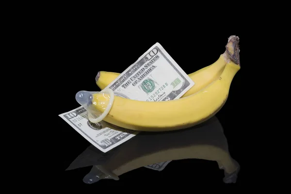 Two Bananas Money Condom Isolated Black Background — Stock Photo, Image