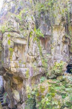 Hangzhou, Zhejiang, Çin - 16 Aralık 2018: Hangzhou Lingyin Tapınak rock kabarık heykeli. (Ruh geri çekilme Tapınağı) Çin'deki en büyük Budist tapınakları biri