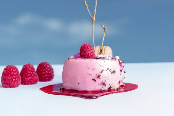 Delicious berry tart with berry sauce, the sky in the background