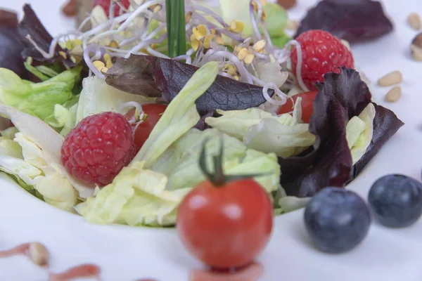 Ensalada de germinados, lechuga fresca, tomates de frambuesa y cereza —  Fotos de Stock