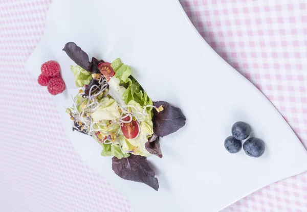 Ensalada de brotes de frijol con garbanzo y lechuga fresca. Vista superior —  Fotos de Stock