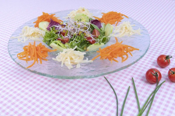 Assorted sprouts salad on a glass plate — Stock Photo, Image