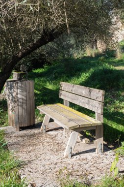 Yaz aylarında yeşil çimile bir parkta Rustik ahşap tezgah