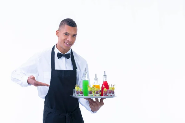 Handsome Young Waiter Holding Tray Assorted Liquor Bottles Glass Shots — Stock Photo, Image