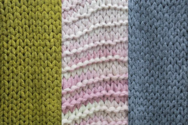 Three Examples Texture Knitted Wool Fabric Green Pink Blue — Stock Photo, Image