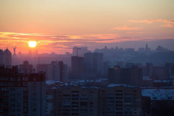 Pôr Sol Kiev Vista Noturna Panorama Cidade Igreja Estátua Pátria — Fotografia de Stock