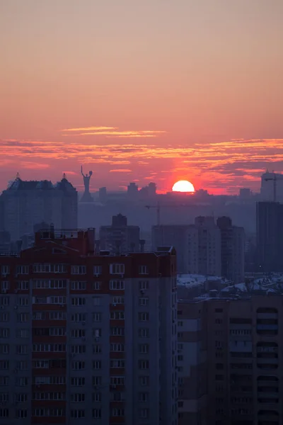 Zonsondergang Kiev Avond Weergave Van Het Panorama Van Stad Kerk — Stockfoto
