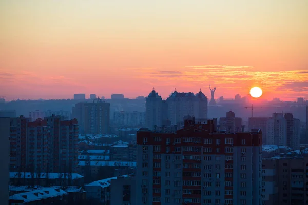 Pôr Sol Kiev Vista Noturna Panorama Cidade Igreja Estátua Pátria — Fotografia de Stock