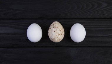 Kaz yumurtası ve siyah bir ahşap zemin üzerine tavuk yumurtası. Yumurta çeşitli kuş boyutu arasındaki fark.