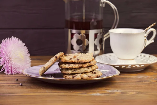 Homemade Chocolate Chip Cookies Beautiful Saucer Kettle Tea Wooden Dark — Stock Photo, Image
