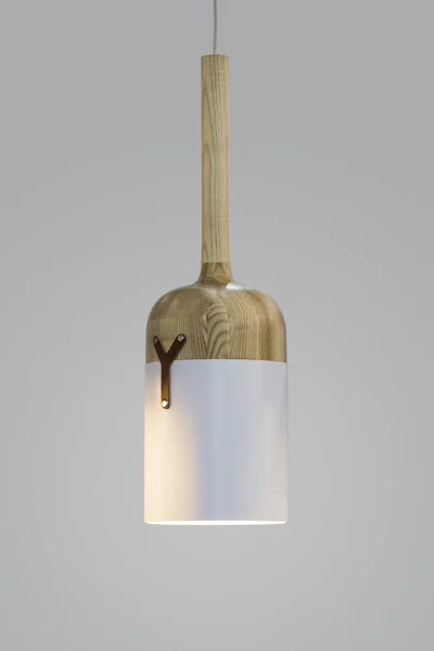 Hangende houten lamp. Moderne kroonluchters van hout in Scandinavische stijl geïsoleerd op grijze achtergrond — Stockfoto