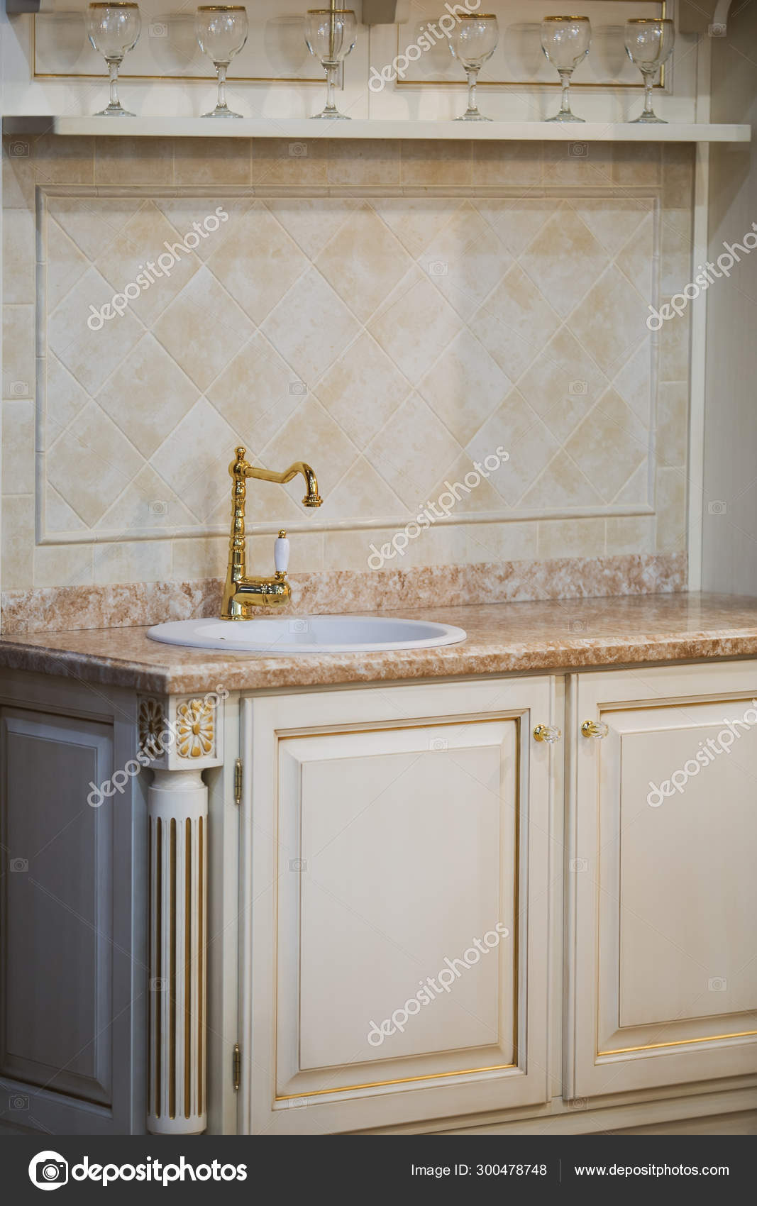 Golden Kitchen Faucet Neoclassical Style White And Gold Wooden Kitchen In Luxury Home Stock Photo Image By Olga Prava 300478748