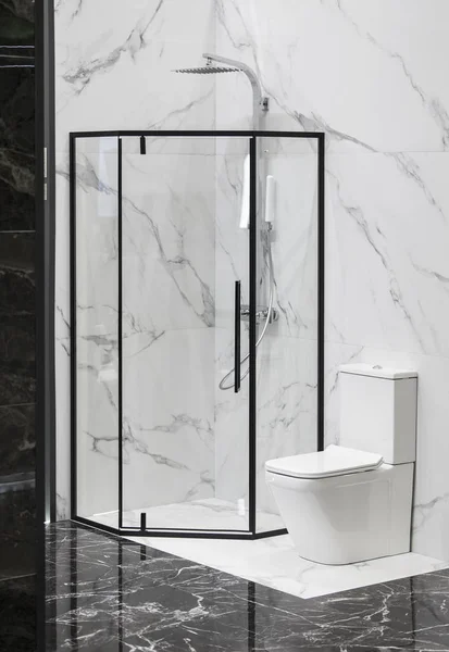 Modern banyo iç, siyah ızgara cam duş. Çatı bölümü cam ile siyah kafes. Minimalist modern duş