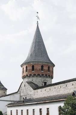 Kamyanets-Podilsky, Ukrayna 'da birçok yüksek kulesi olan eski taş kalenin fotoğrafı.