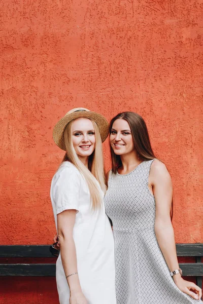 Two beautiful girls brunette and blonde, students, sisters, girlfriends walk . Smiling women, positive emotions. Girls in dress on a red background