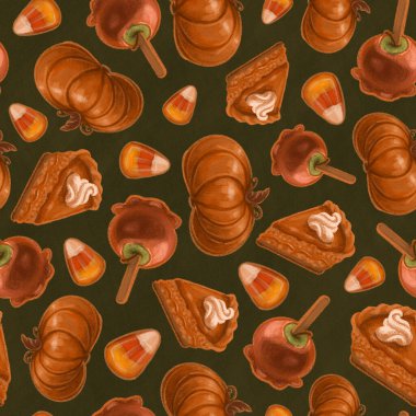 Cadılar bayramı temasının kusursuz dokusu. Kabak, turta, karamelli elma ve mısır şekeri içeriyor. Yeşil arkaplanda sonbahar duvar kağıdı çizimi