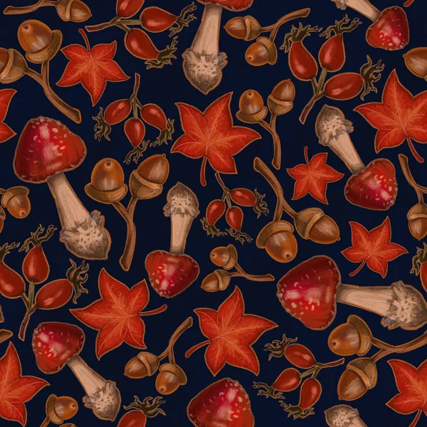 Seamless texture on autumn theme, elements of amanita mushrooms, rowan, rosehip berry, leaves. Autumn wallpaper illustration