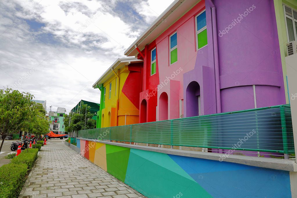 View of beautiful painted houses in Hulhumale, Maldives. Colorful backgrounds