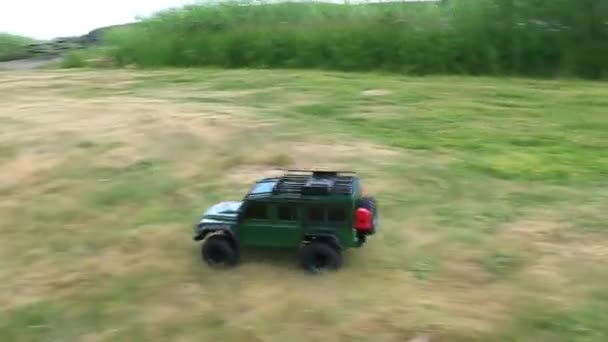 Zdalnie Sterowany Samochód Jazdy Zielonym Trawniku Road Racing Pobliżu Jeziora — Wideo stockowe