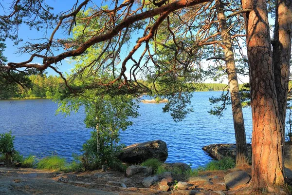 Vacker Utsikt Över Naturlandskapet Sjön Med Stenig Kustlinje Blå Vattenyta — Stockfoto