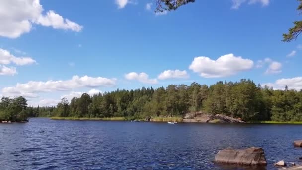 Vacker Utsikt Sjön Sommardag Mörk Blå Sjön Vattenytan Gröna Höga — Stockvideo