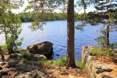 Muhteşem doğa manzaralı kayalık kıyılarının. Renkli doğa arka. İsveç, Europe.