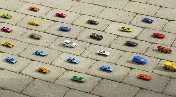 Vista Modelos Carros Brinquedo Cuidadosamente Colocar Cada Seu Lugar Por — Fotografia de Stock