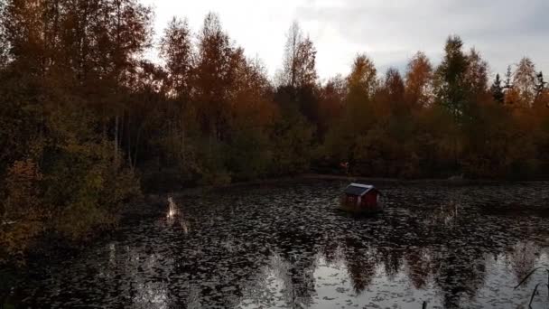 水の上の小さな鳥の家で色鮮やかな木々 に囲まれた池の眺めと豪華な秋の風景 美しい自然の背景 — ストック動画