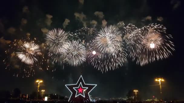 华丽的五颜六色的烟花在胜利日 一群人在看烟火 莫斯科 俄罗斯 — 图库视频影像