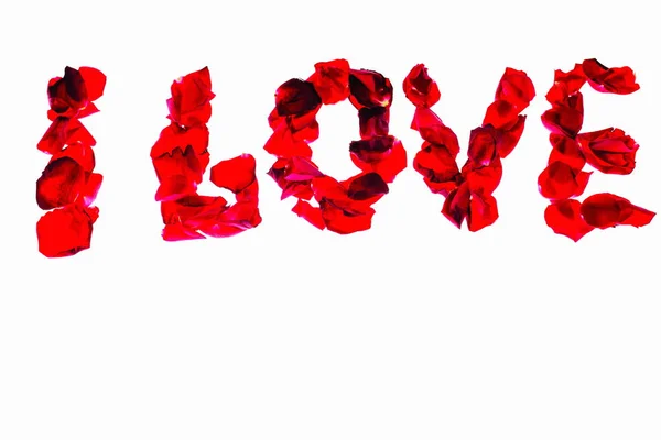 私の愛 赤いバラの花びらで作られた言葉 美しいロマンチックな背景 — ストック写真