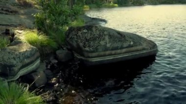 Kayalık sahil ve dalgalar kısa film büyük rock yakınındaki güzel görünümünü. Güzel doğa manzara arka planları. İsveç, Europe.