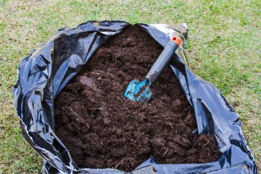 Yeşil çim arka plan üzerinde plastik torba içinde bitki toprak yakından görünümü. Bahçe konsepti.